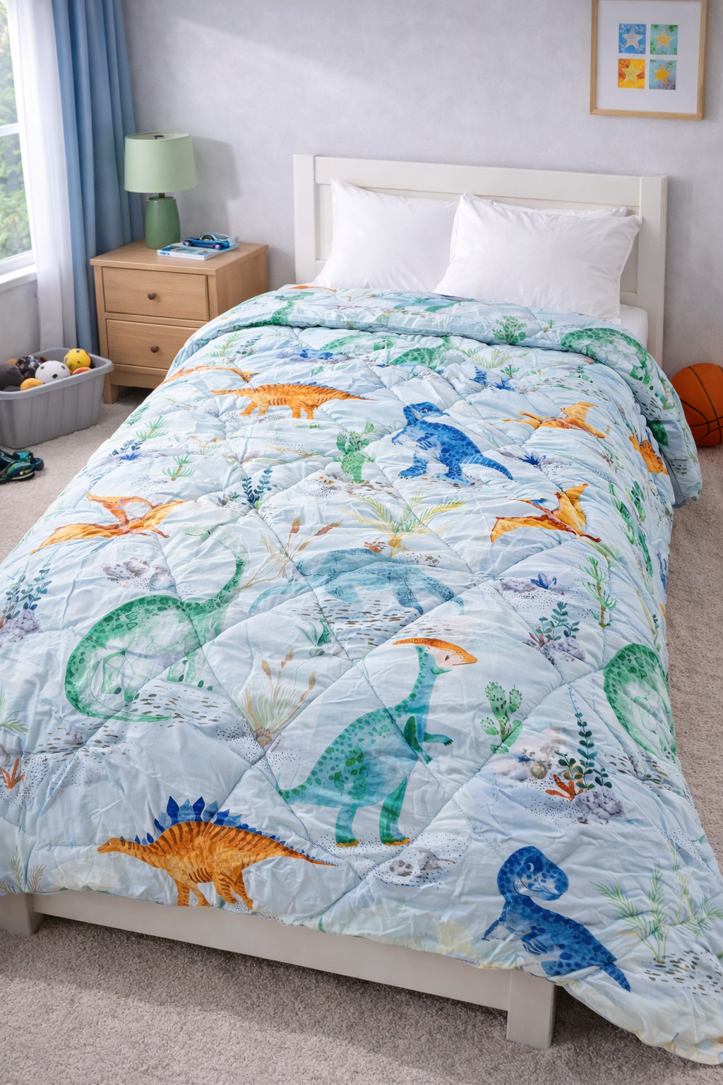 Children's room with a bed covered by a dinosaur-themed quilt.
