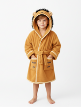 Children's lion-themed bathrobe with 'Roar Jon' text on a white background