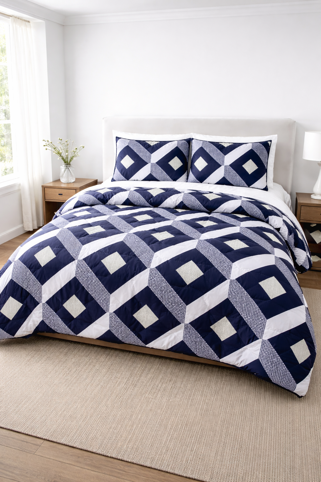 Navy and white geometric patterned comforter set on a bed in a bright bedroom.