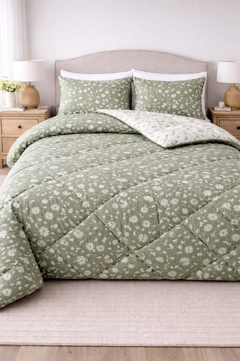 Green floral quilt set on a bed with matching pillows in a bedroom setting.