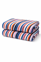 Two folded striped blankets with blue, orange, and pink colors on a white background