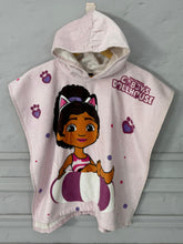 Children's hooded towel with cartoon character and 'Catboy's Dollhouse' text on a gray background