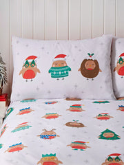 Christmas Party Robins Duvet Set- Single - WhiteRed