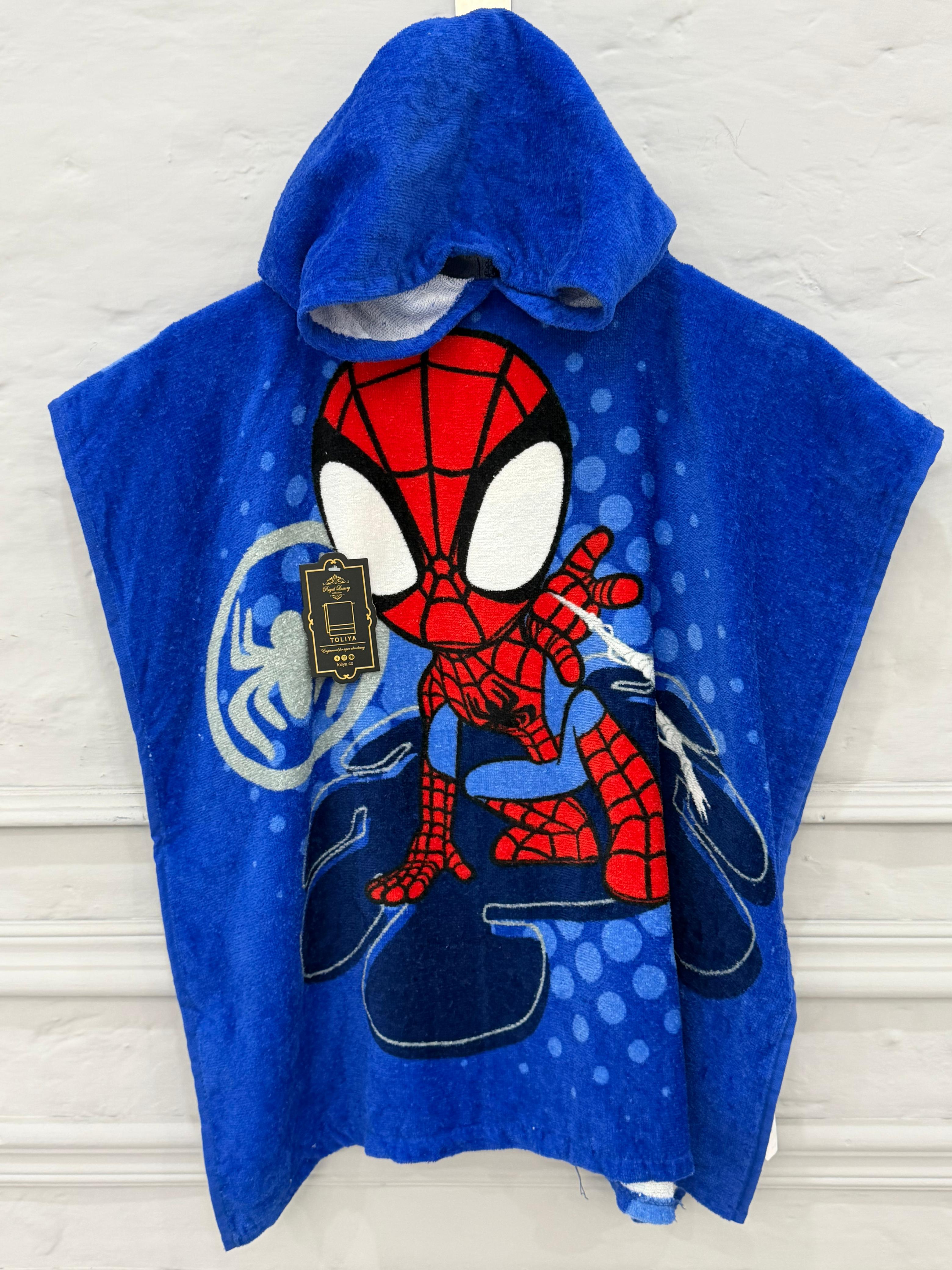 Blue hooded towel with Spider-Man design on a white background