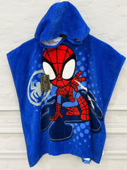 Blue hooded towel with Spider-Man design on a white background
