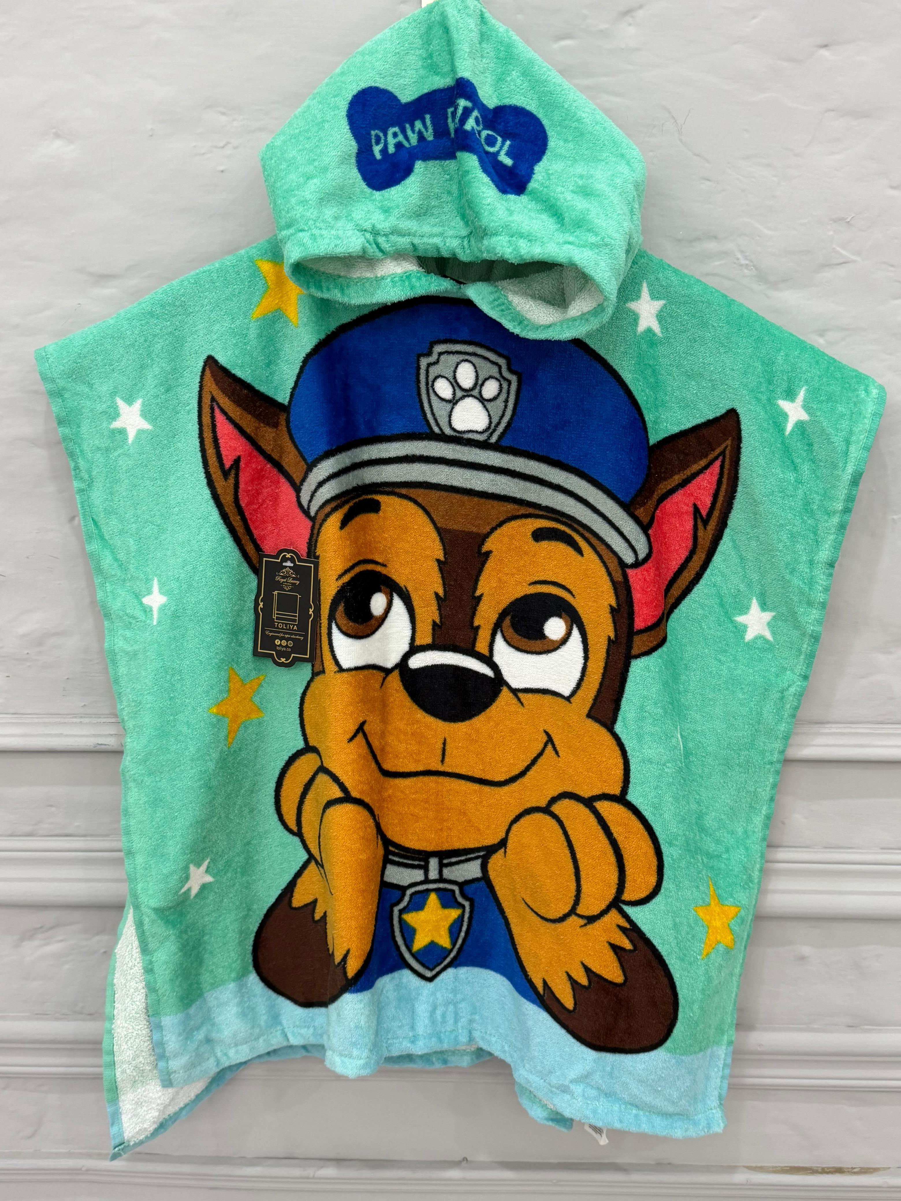 Children's hooded towel with cartoon dog in police uniform on a light gray background