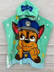 Children's hooded towel with cartoon dog in police uniform on a light gray background