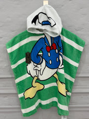 Cartoon character hooded towel with green and white stripes on a gray background