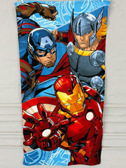 Superhero-themed towel featuring Captain America, Thor, and Iron Man on a white background