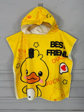 Yellow children's poncho with duck design and text on a gray background