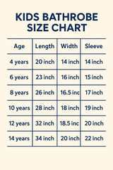 Kids bathrobe size chart with age, length, width, and sleeve measurements.