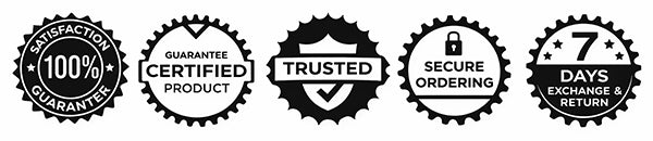 Set of five black and white icon badges with text on a white background