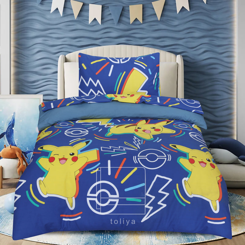 Kids Duvet Set with Flat Sheet with Pillow Cover Pikachu