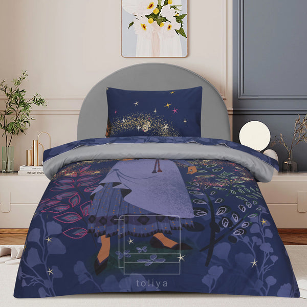 Kids Duvet Set with Flat Sheet with Pillow Cover Fairy Night