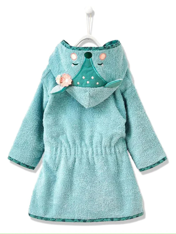 Child wearing a teal hooded robe with a cartoon character on a white background