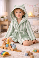 Kid Hooded Bathrobe Green Stripey Fun