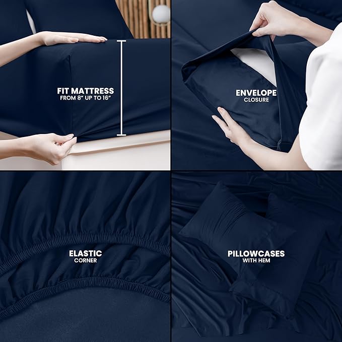 Toliya Bedding  - 4 Piece Bed Sheets  King Size Soft and Breathable Microfiber, Includes 1 Fitted Sheet, 1 Flat Sheet and 2 Pillow