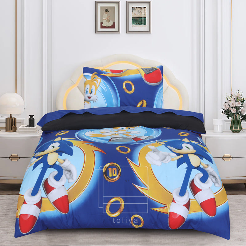 Kids Duvet Set with Flat Sheet with Pillow Cover Sonic Rings