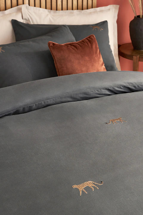 Charcoal Grey Embroidered Leopard Duvet Cover and Pillowcase Set