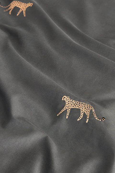 Charcoal Grey Embroidered Leopard Duvet Cover and Pillowcase Set