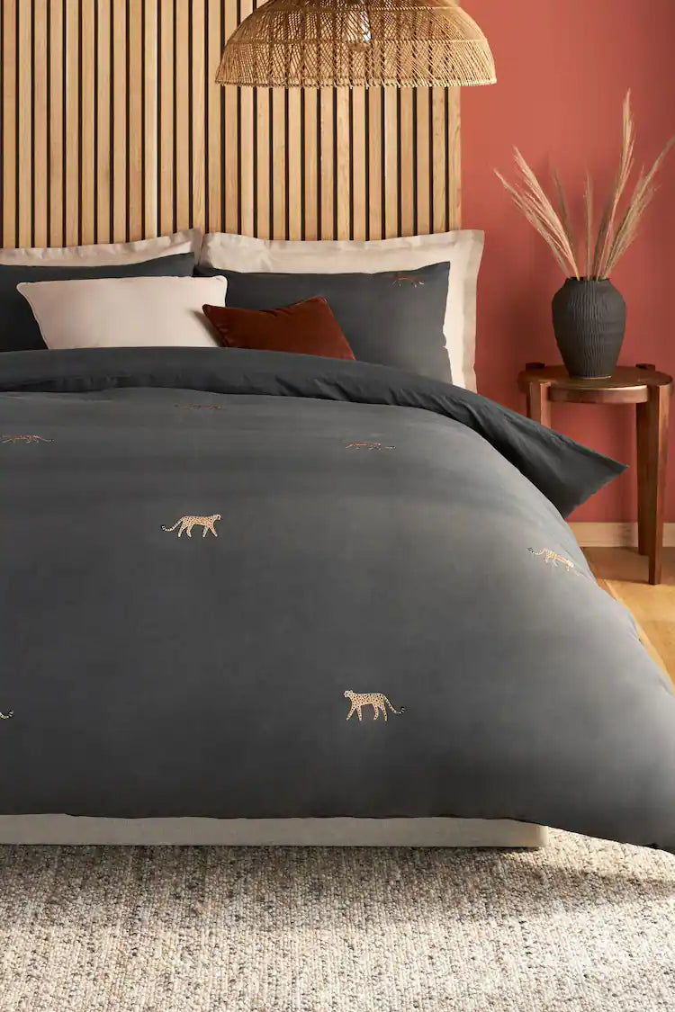 Charcoal Grey Embroidered Leopard Duvet Cover and Pillowcase Set