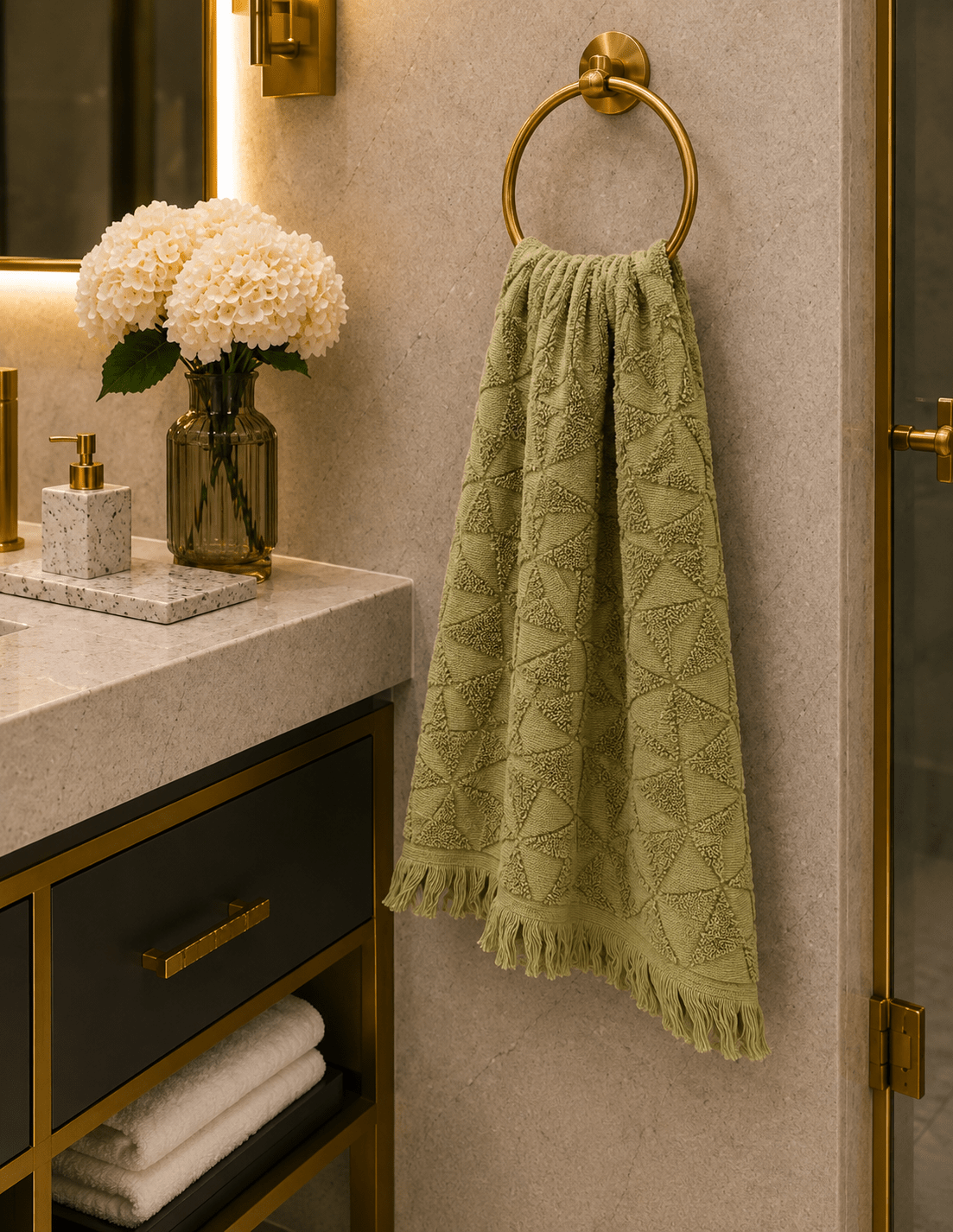 Olive Green Geometric Textured Hand Towel - Toliya.co
