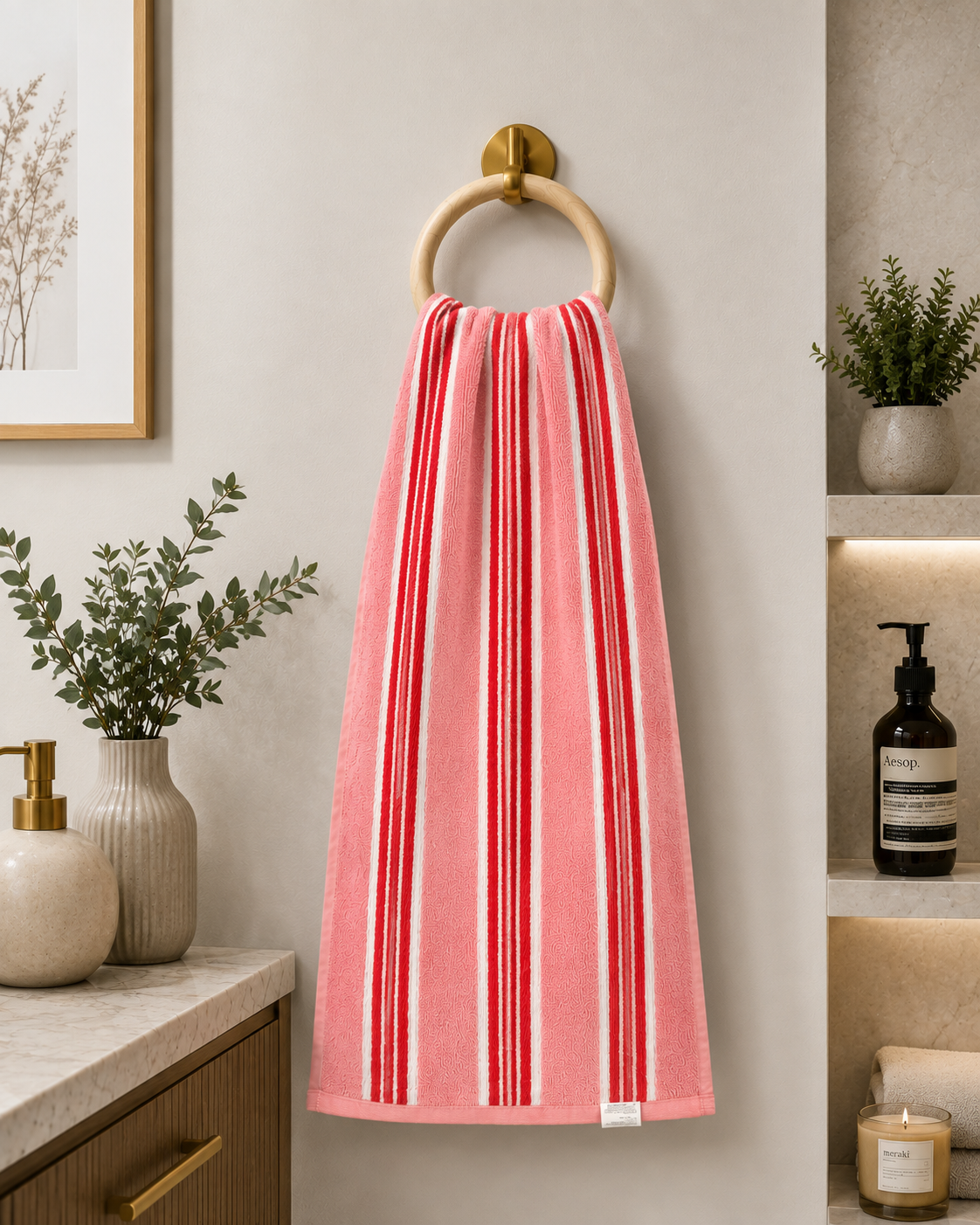 Soft Pink & Red Stripe Jacquard Hand Towel