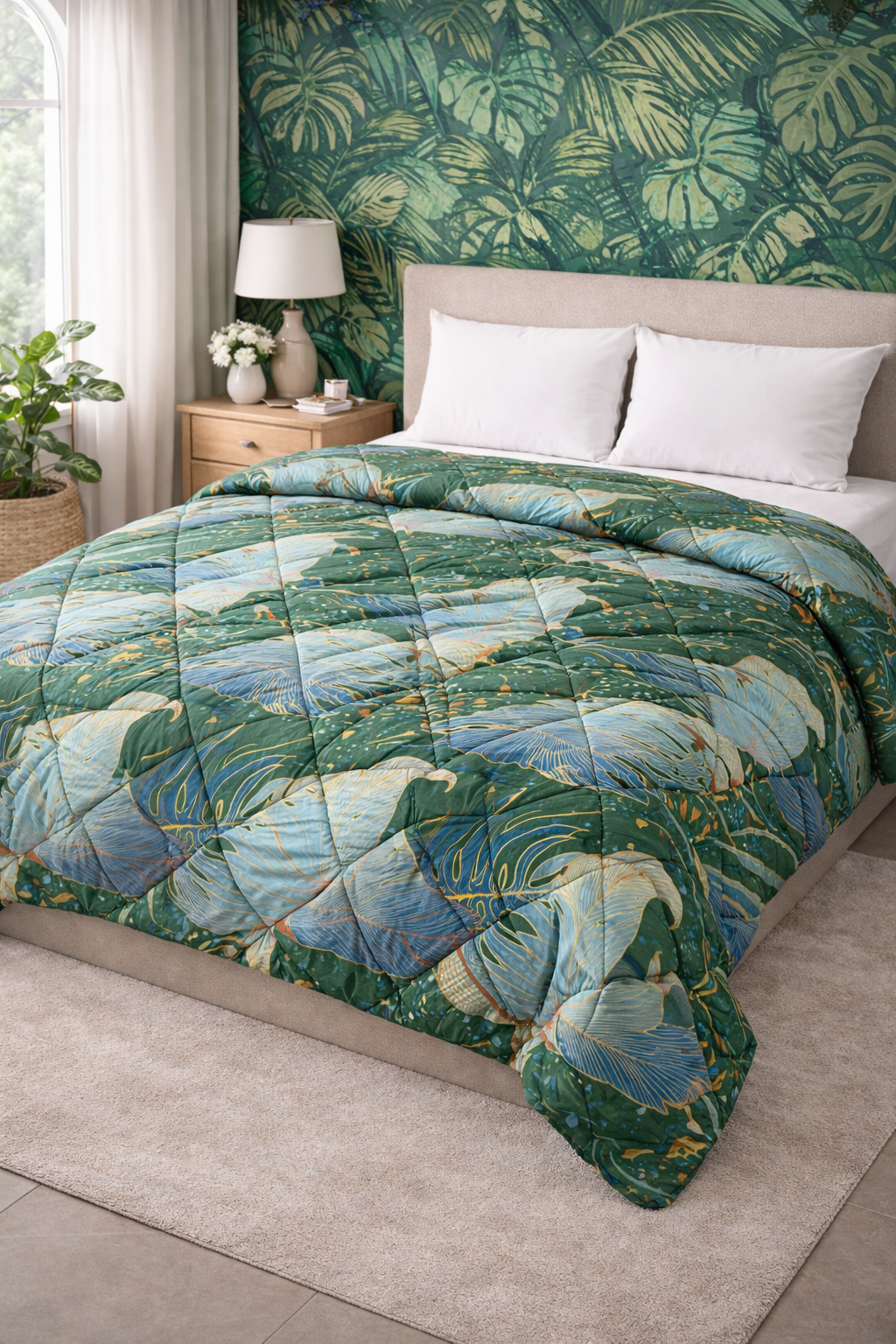 Bed with green leaf-patterned comforter in a room with leaf-themed wallpaper.
