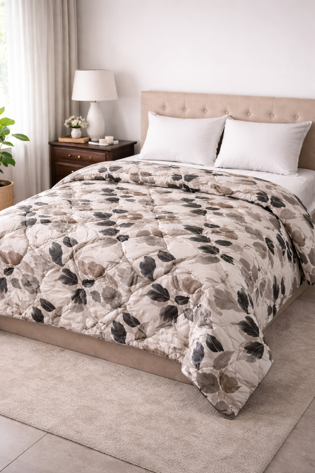 Bed with patterned comforter in a well-lit bedroom