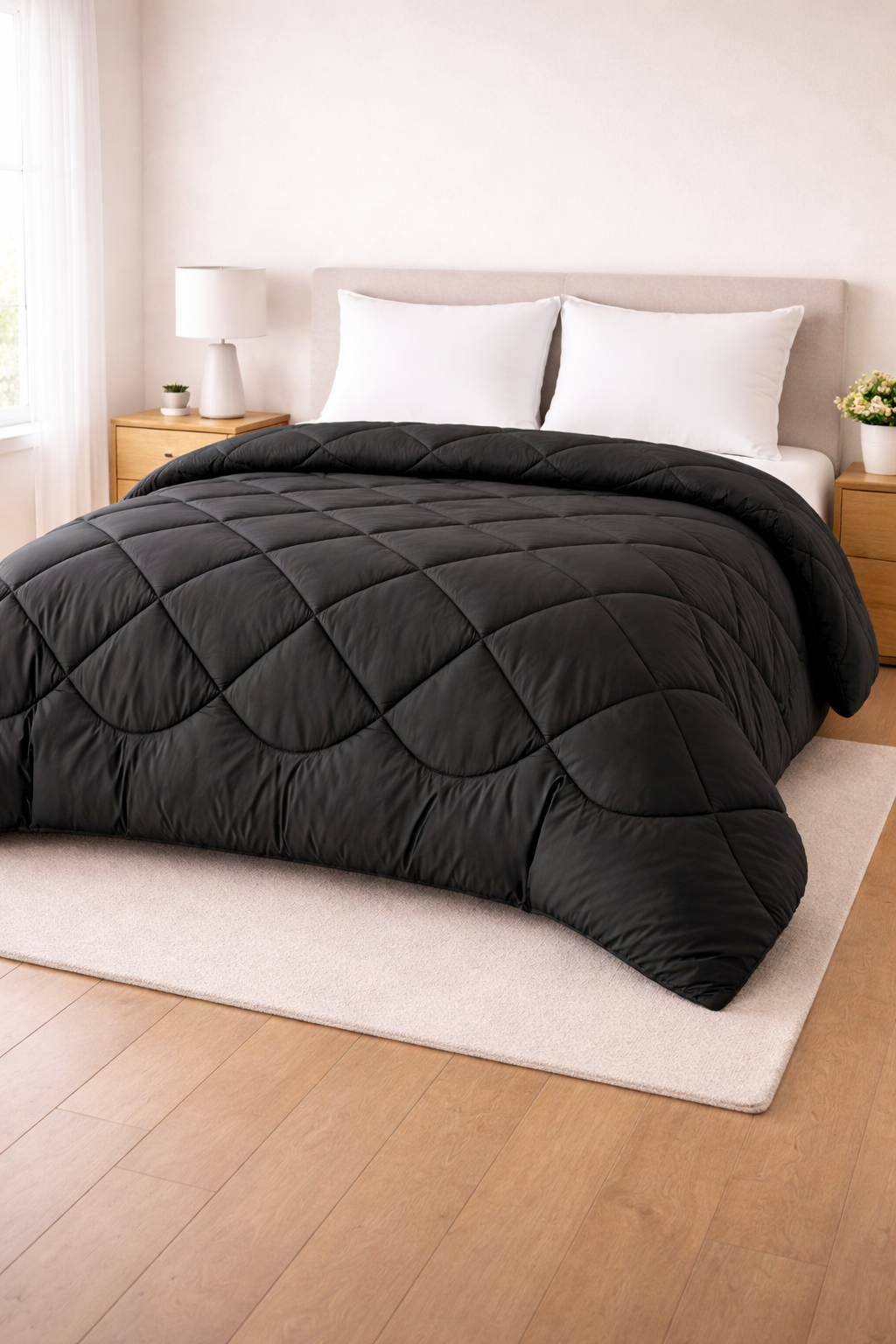Black quilted comforter on a bed in a bedroom setting