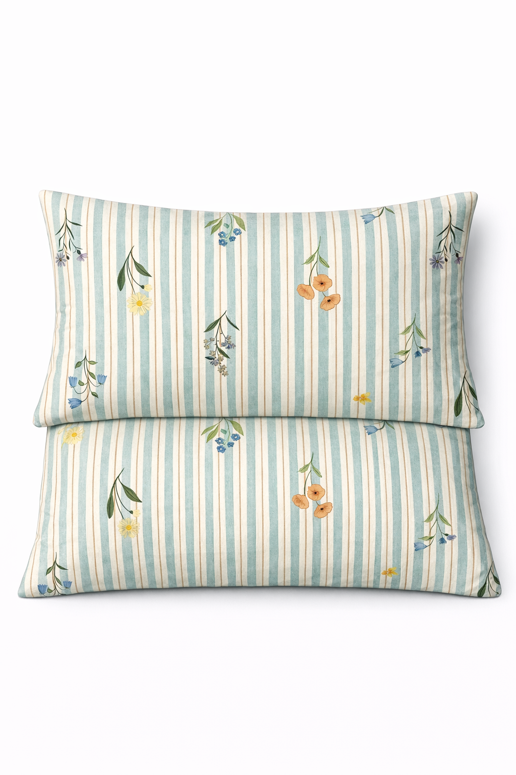 Pair of striped pillows with floral patterns on a white background