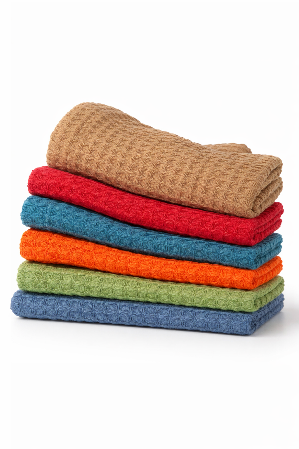 Stack of colorful folded towels on a white background