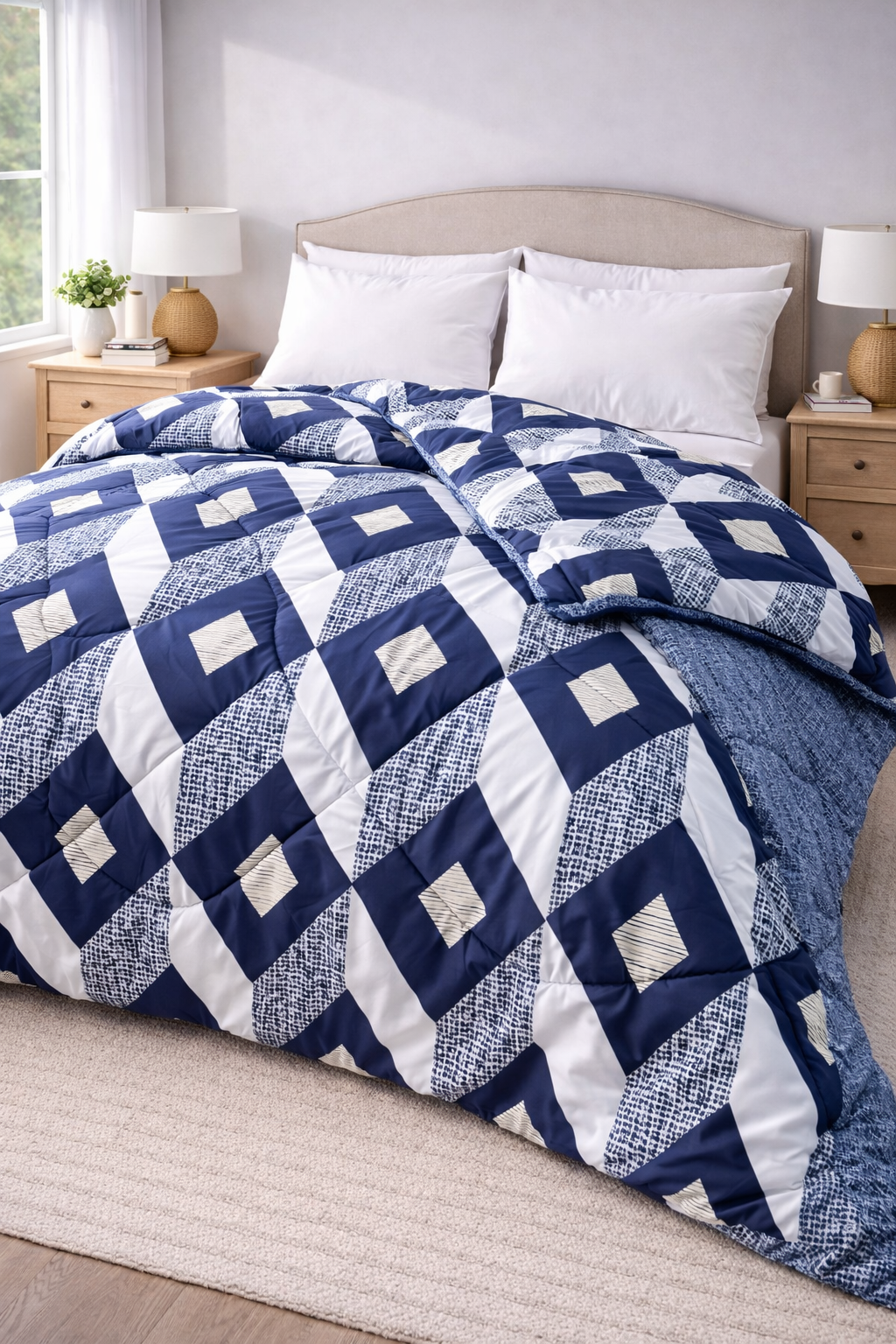 Blue and white diamond patterned quilt on a bed in a bedroom setting.
