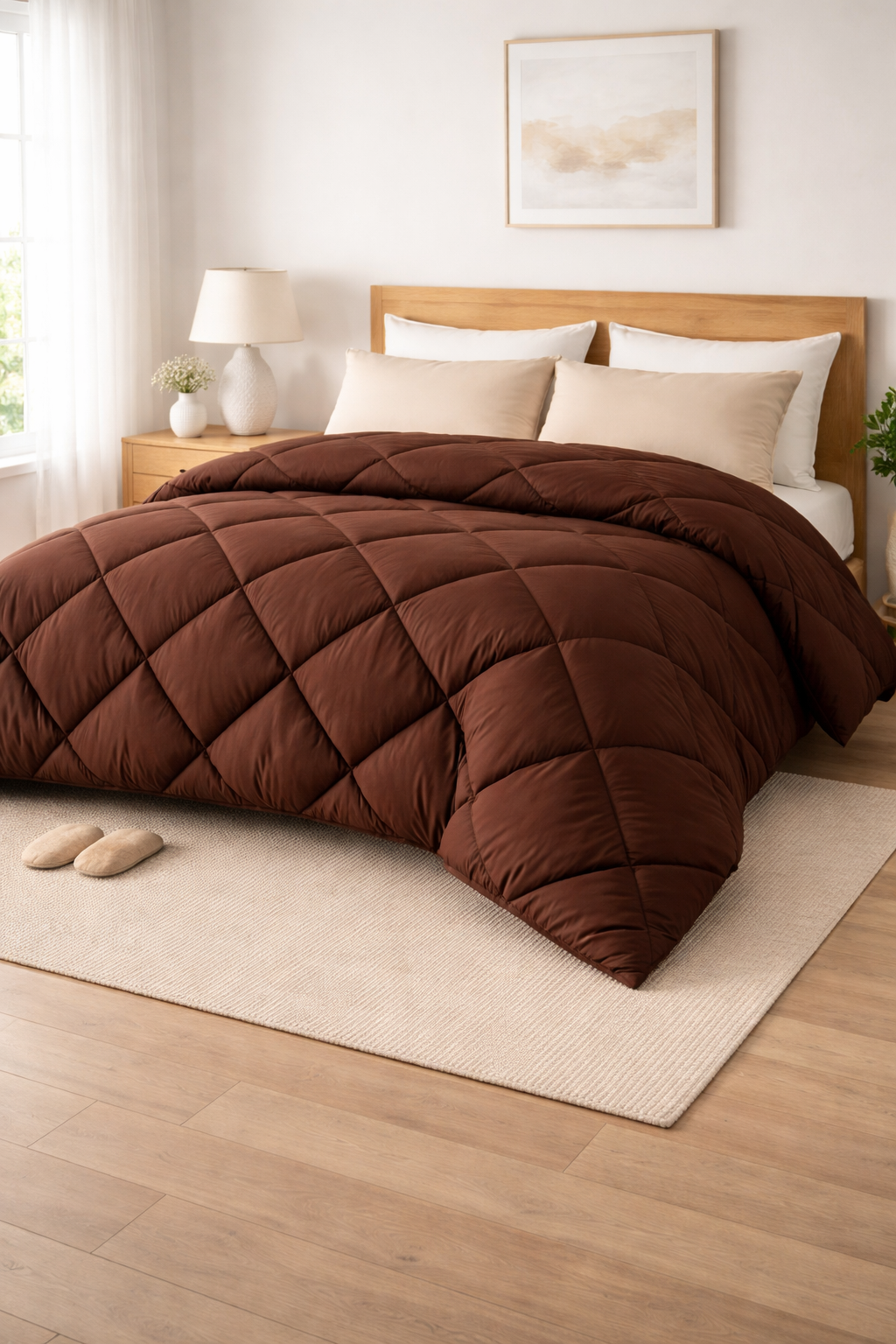 Brown quilted comforter on a bed in a well-lit bedroom with wooden flooring and a lamp.