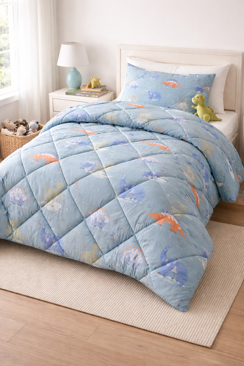Children's bedroom with dinosaur-themed comforter on a bed