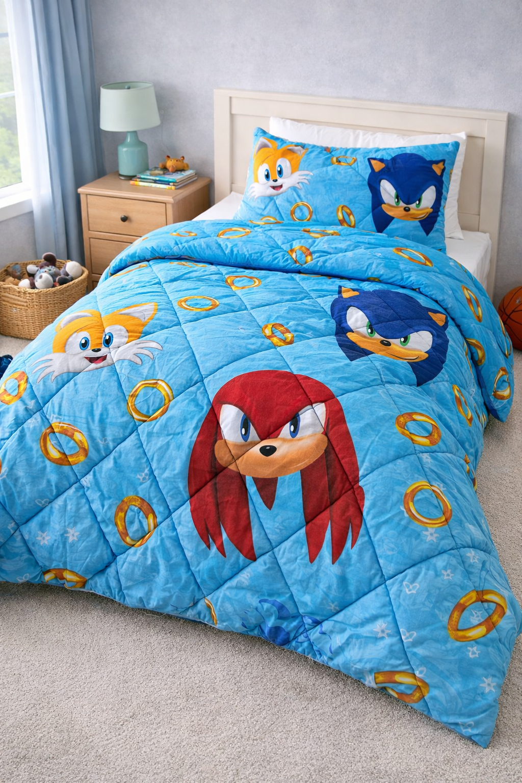 Sonic the Hedgehog themed bedding set on a bed in a room with a lamp and basket.