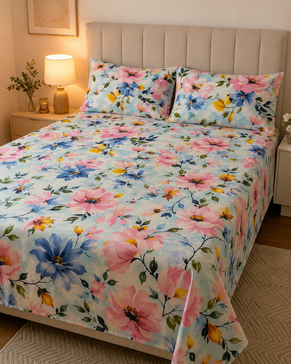 Floral Blossom Sky Blue Bedsheet set