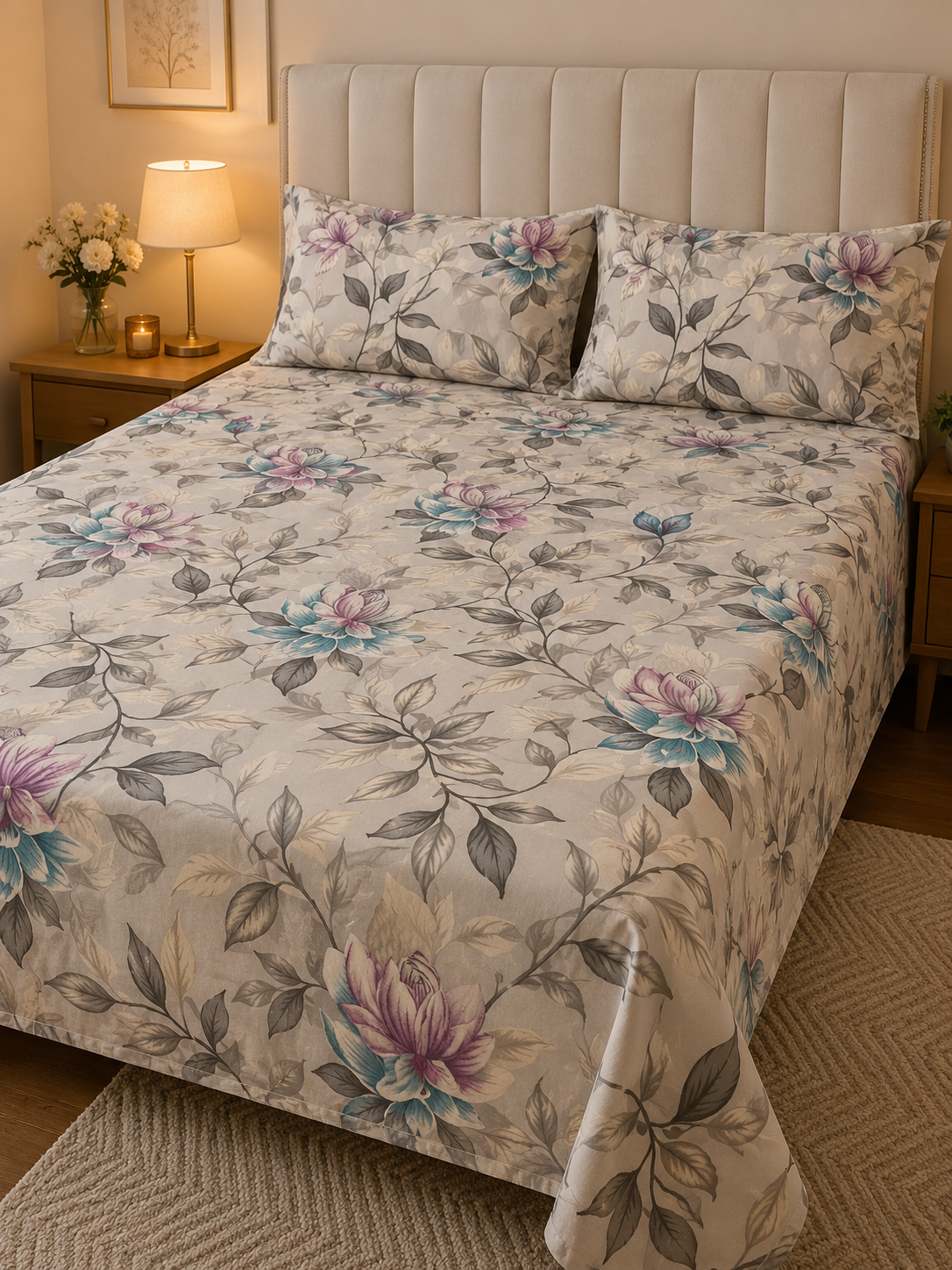 Elegant Grey Floral Bedsheet set
