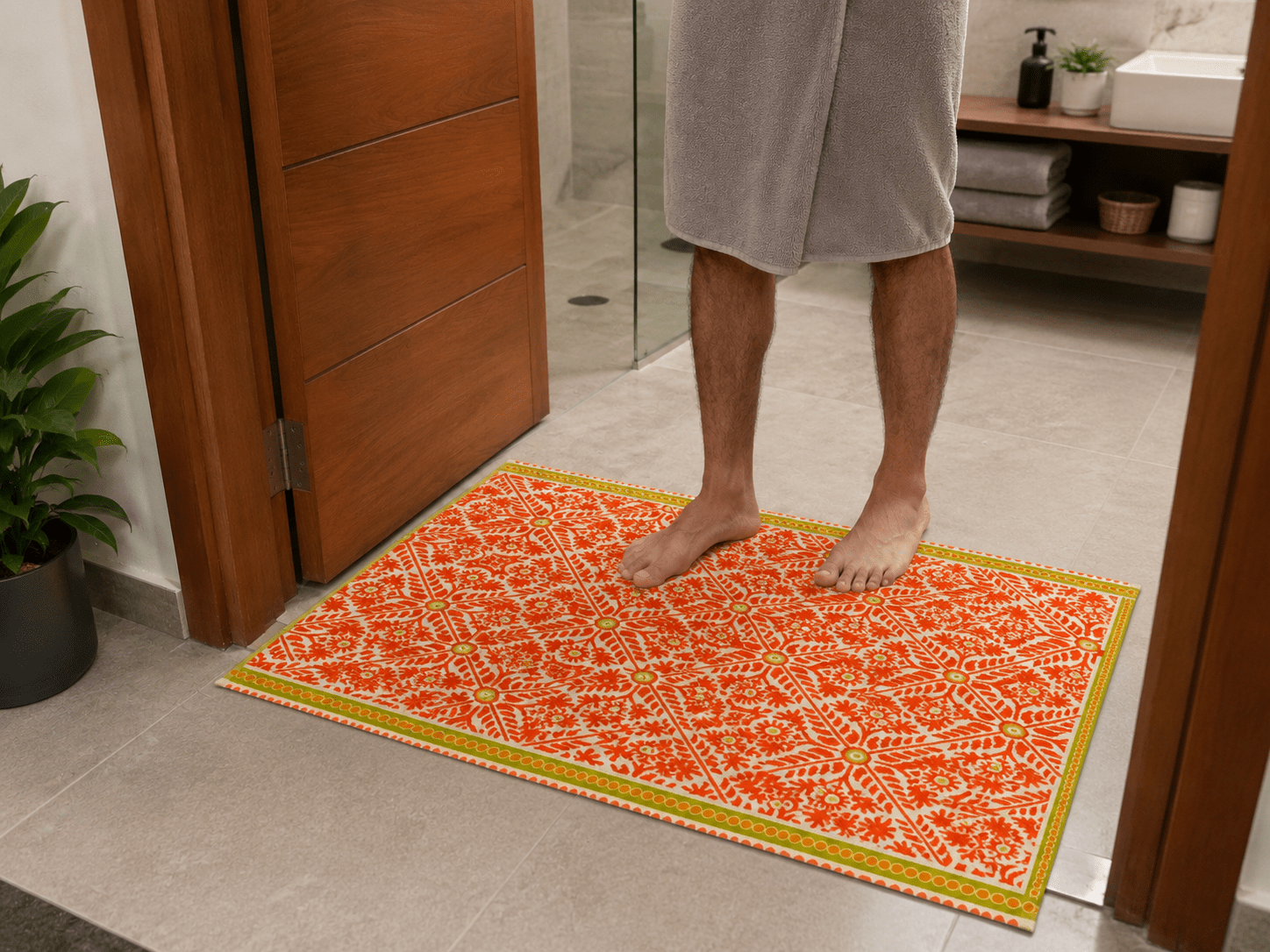 Orange Floral Diamond Bath Mat - Toliya.co