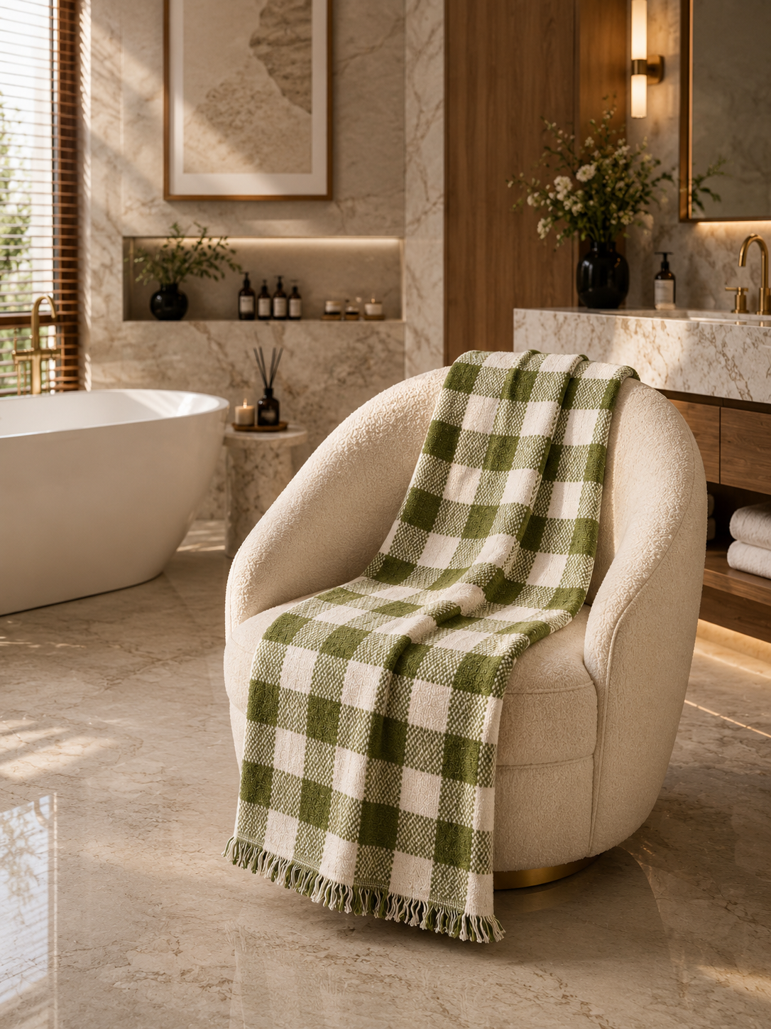 Olive Green Check Cotton Bath Towel