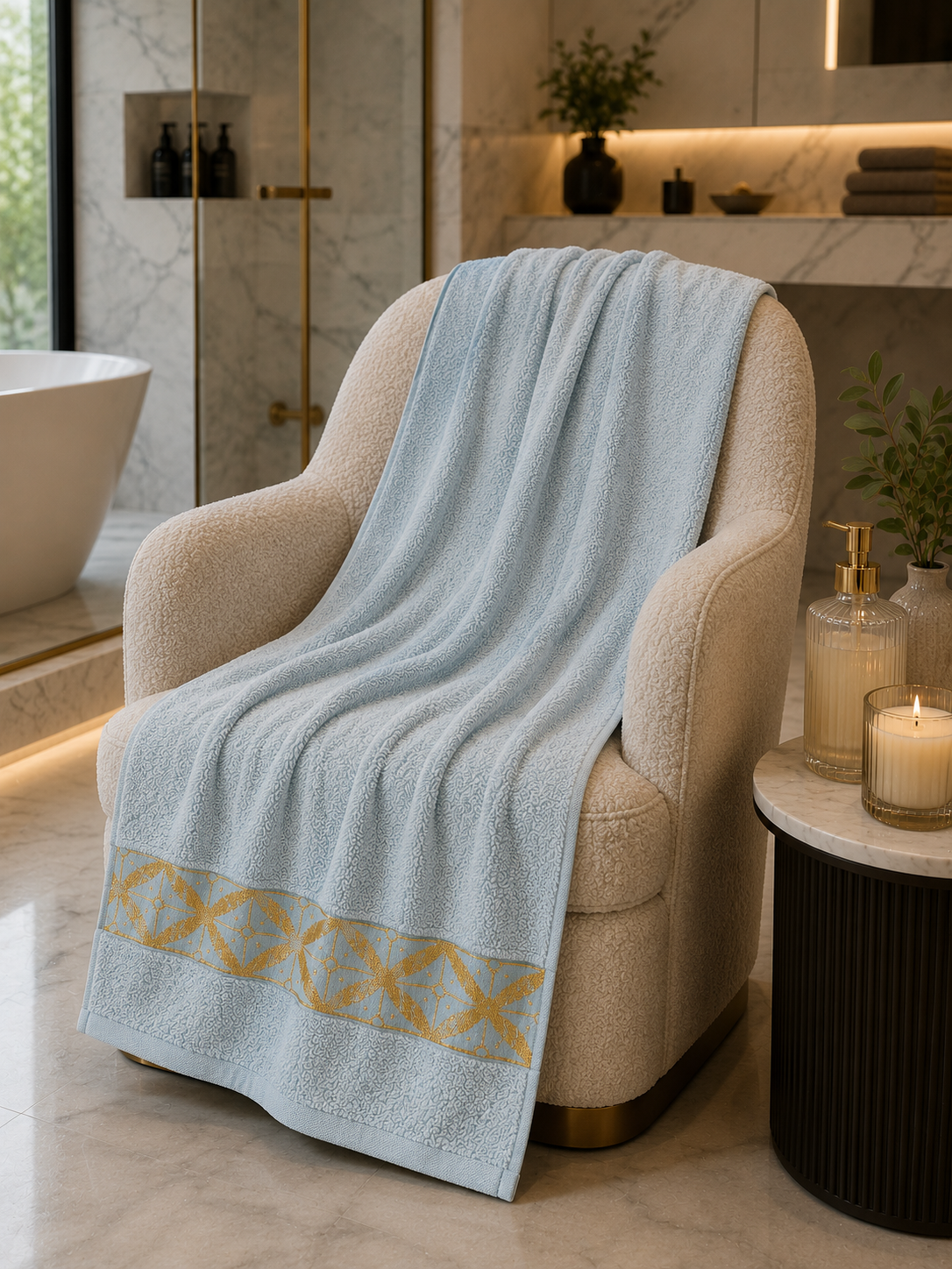 Luxury Sky Blue & Gold Jacquard Cotton Towel Pack of 2