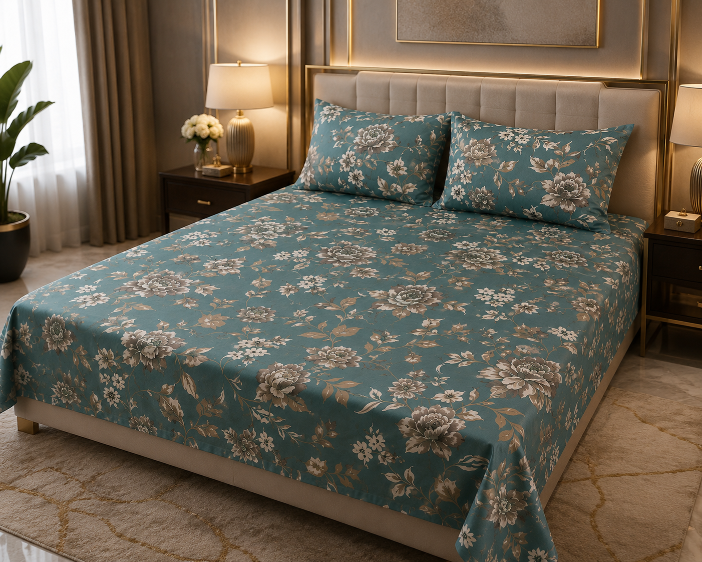 Teal Blossom Floral Bedsheet