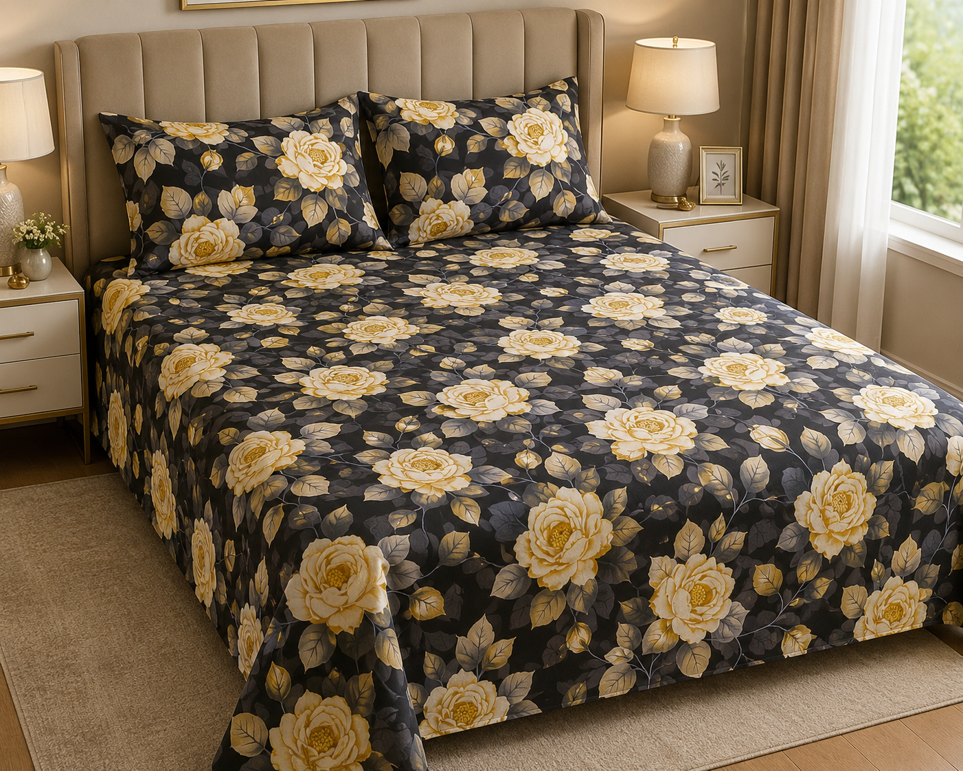Golden Rose Floral Bedsheet