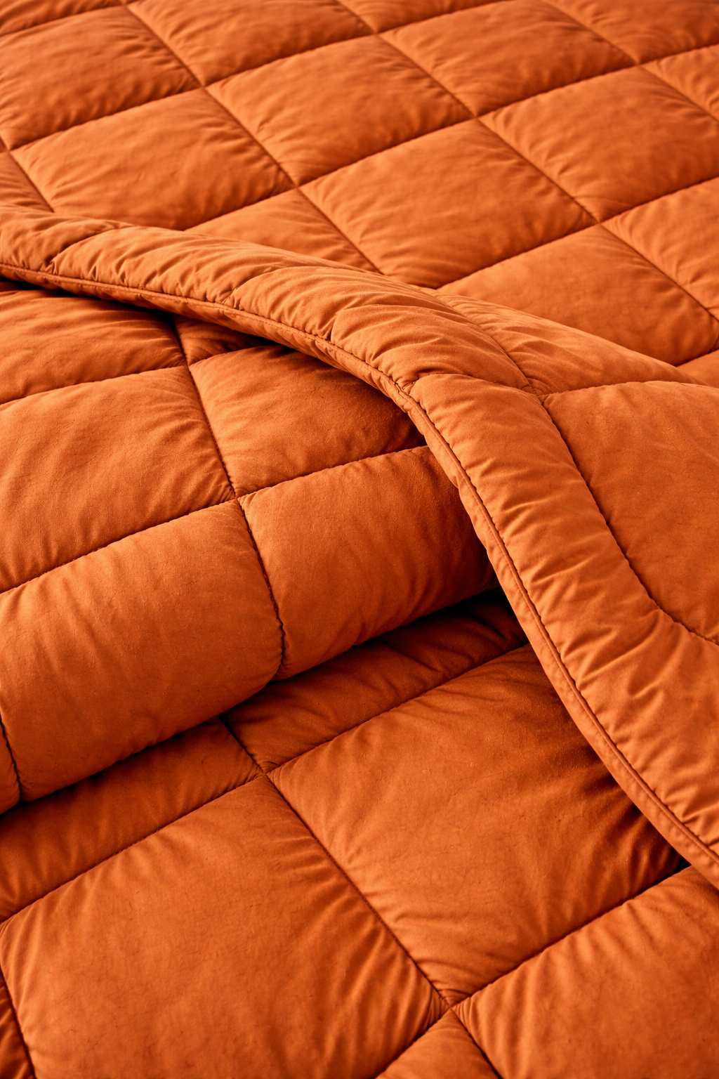 Close-up of a quilted orange blanket with diamond pattern