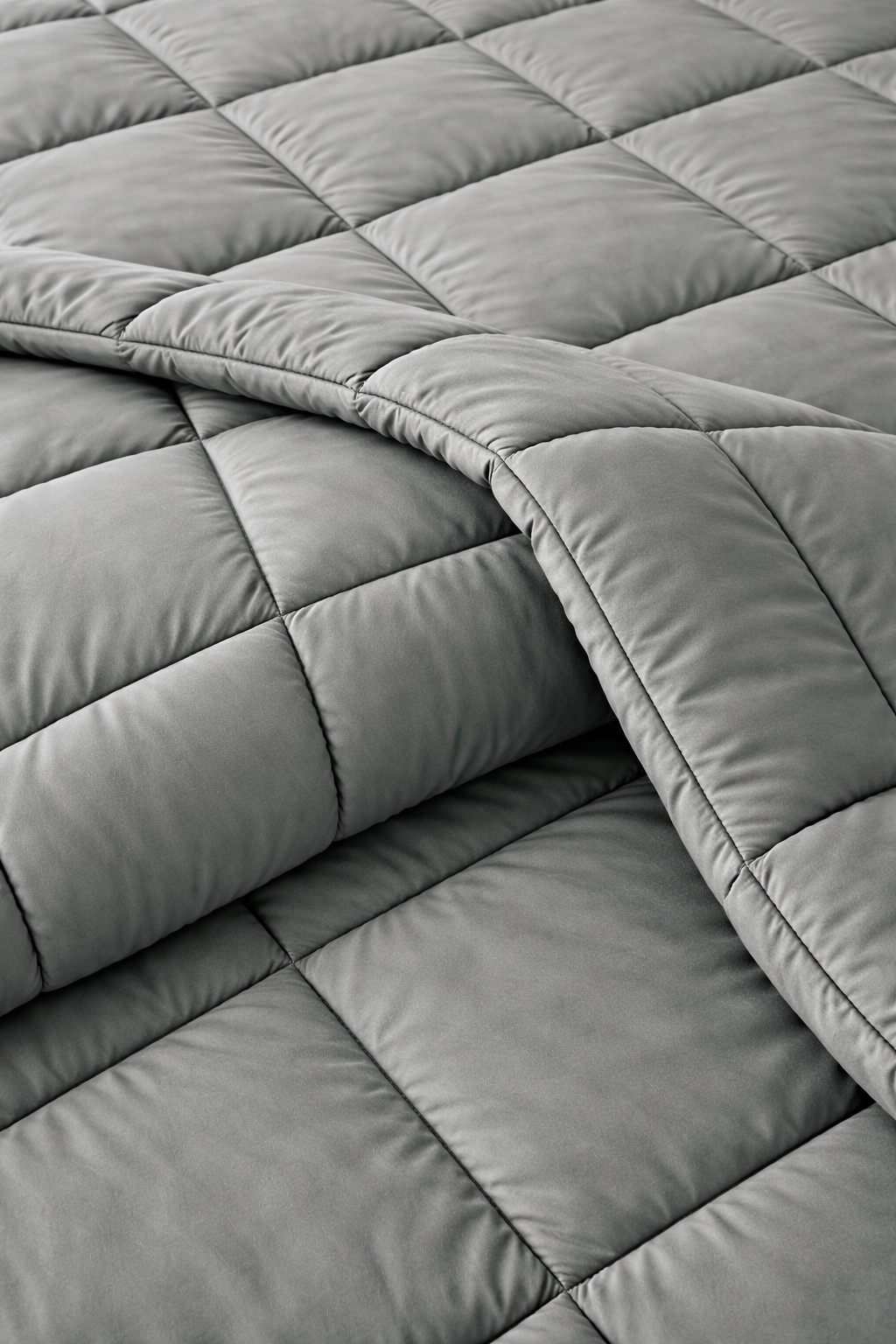 Gray quilted comforter on a bed