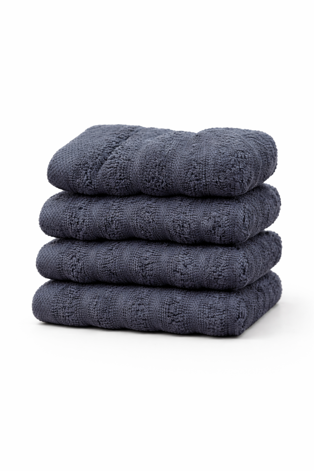 Stack of four dark blue towels on a white background