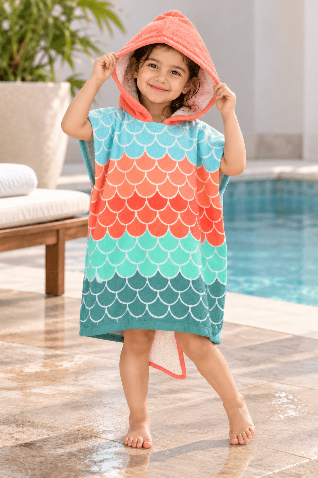 Coral Wave Hooded Kids Poncho - Toliya.co