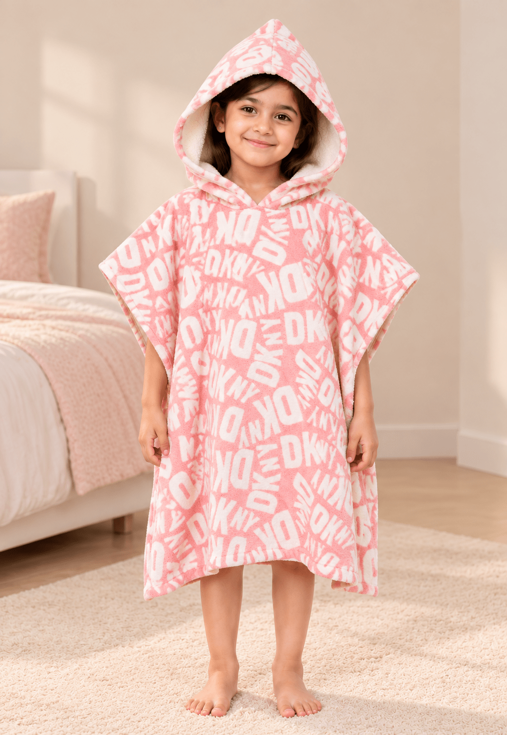 Pink & White Cozy Kids Hooded Bath Poncho