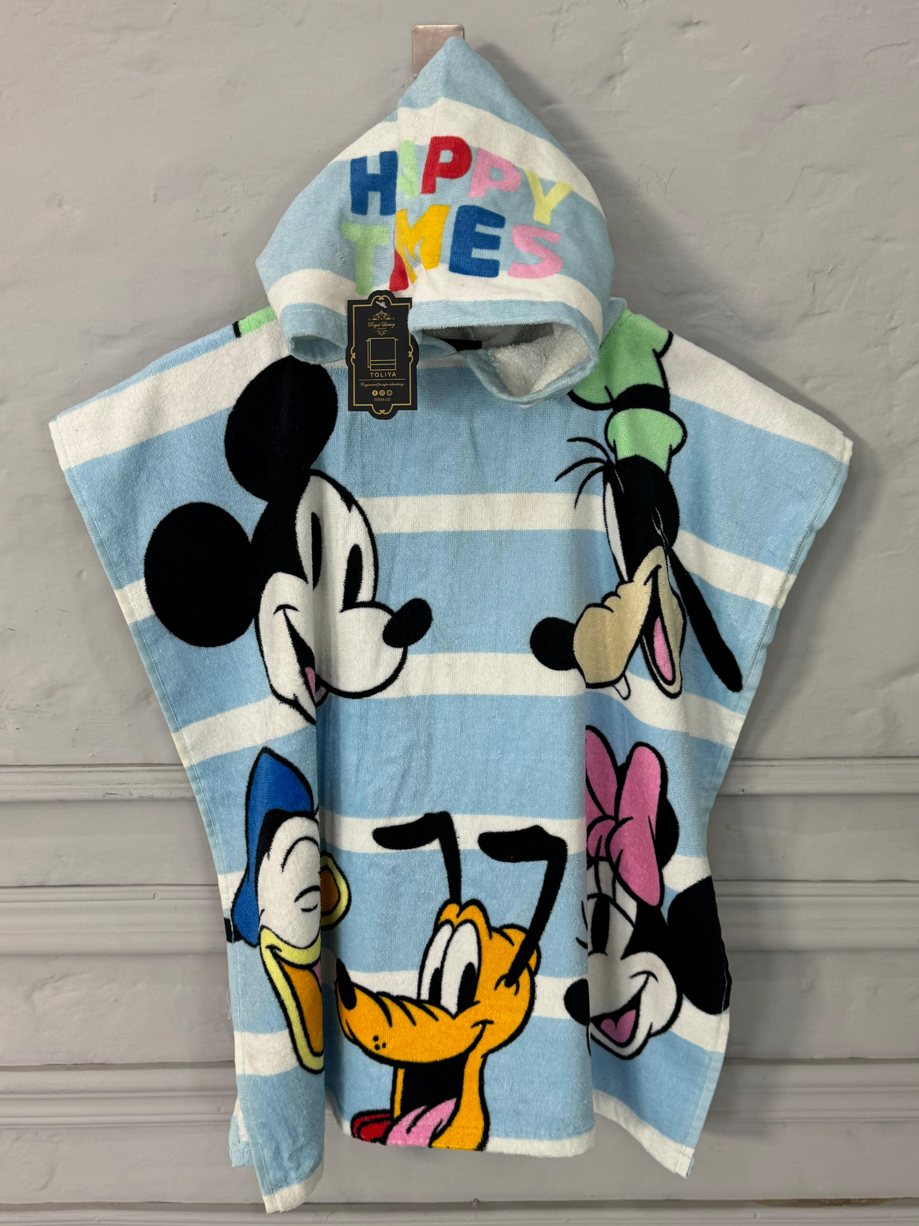 Children's hooded towel with cartoon characters on a gray background