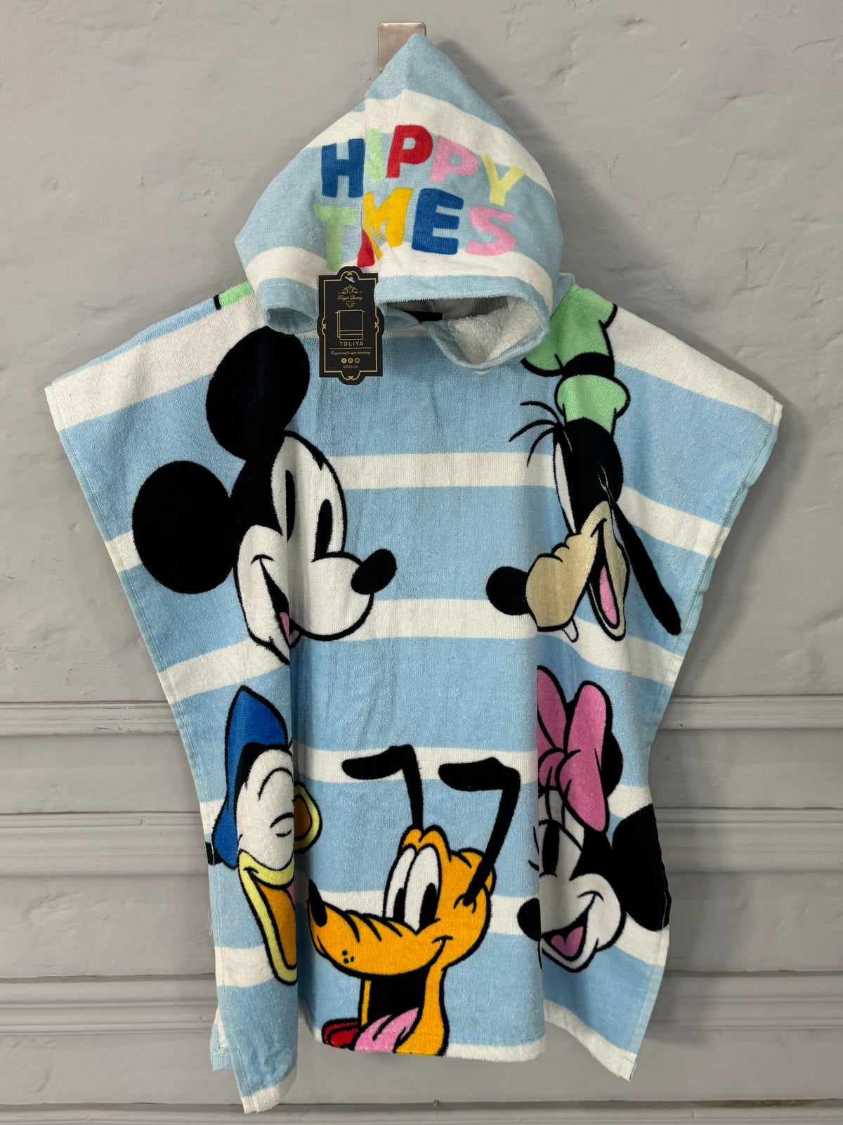 Children's hooded towel with cartoon characters on a gray background